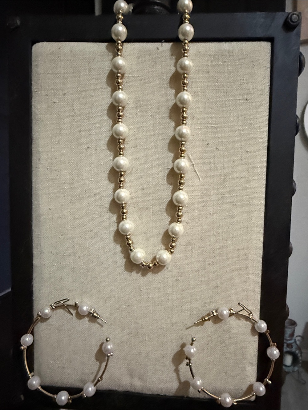 Gold and Pearl Bead Necklace and Hoop Earrings Set
